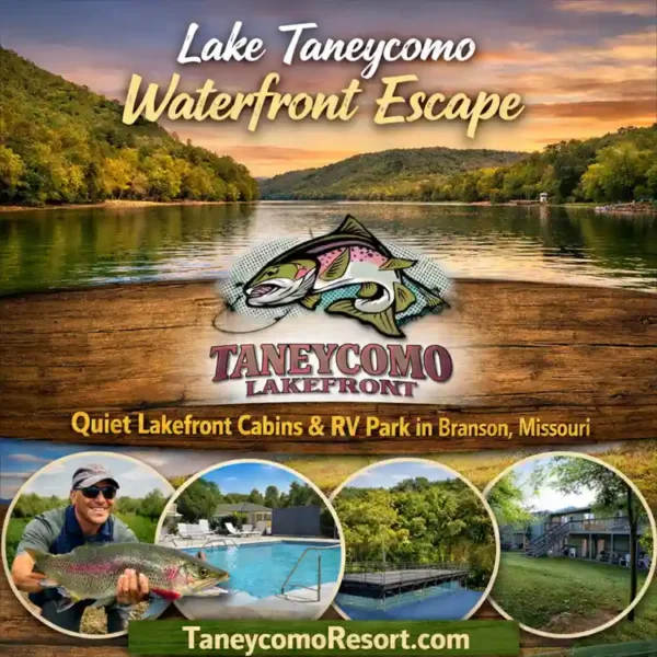 Taneycomo Resort promotional image showing Lake Taneycomo waterfront escape in Branson, Missouri with fishing, cabins, and RV park views